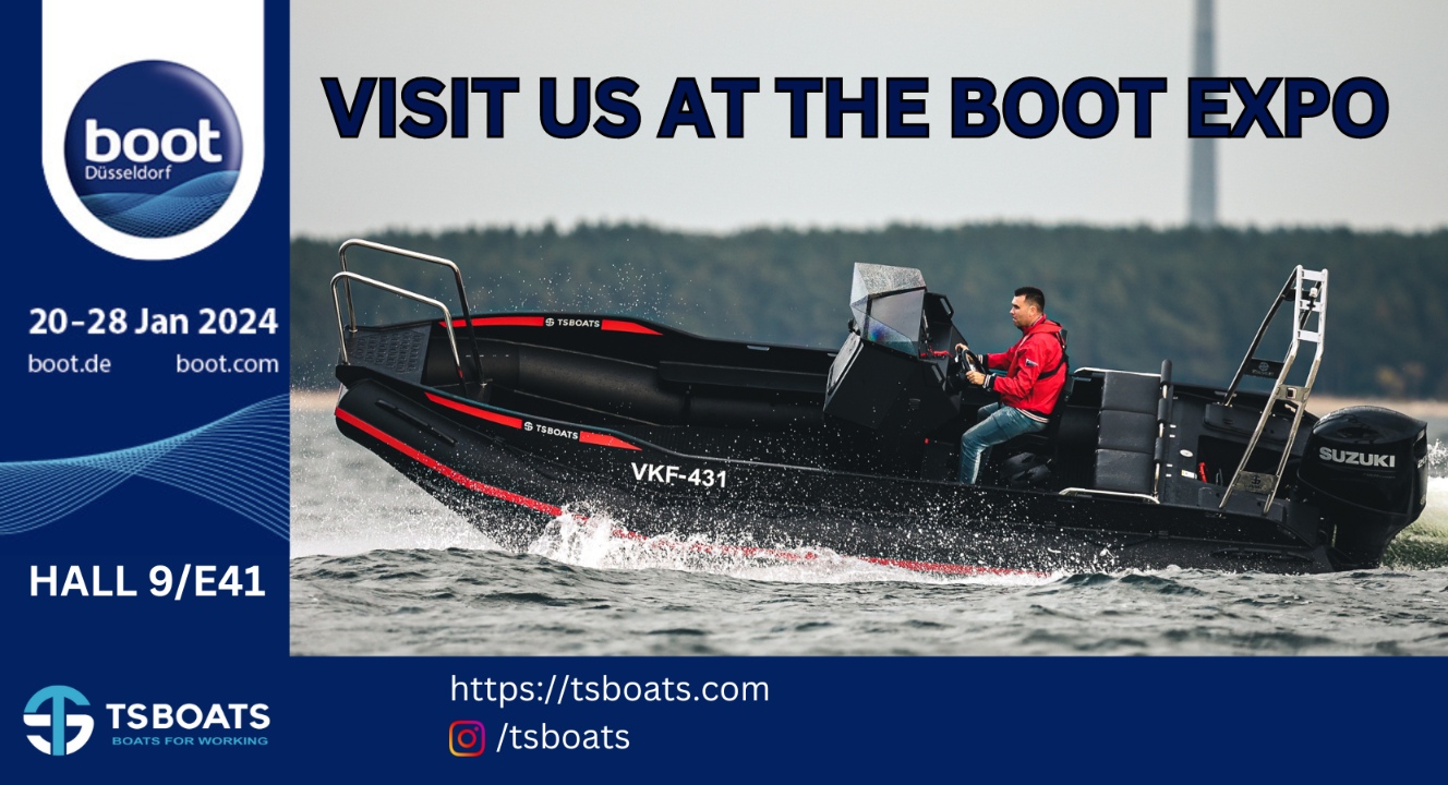 Banner for TS Boats at the Boot Expo in Düsseldorf from 20-28 January 2024, featuring an action shot of a man driving a TS Boat with a Suzuki engine